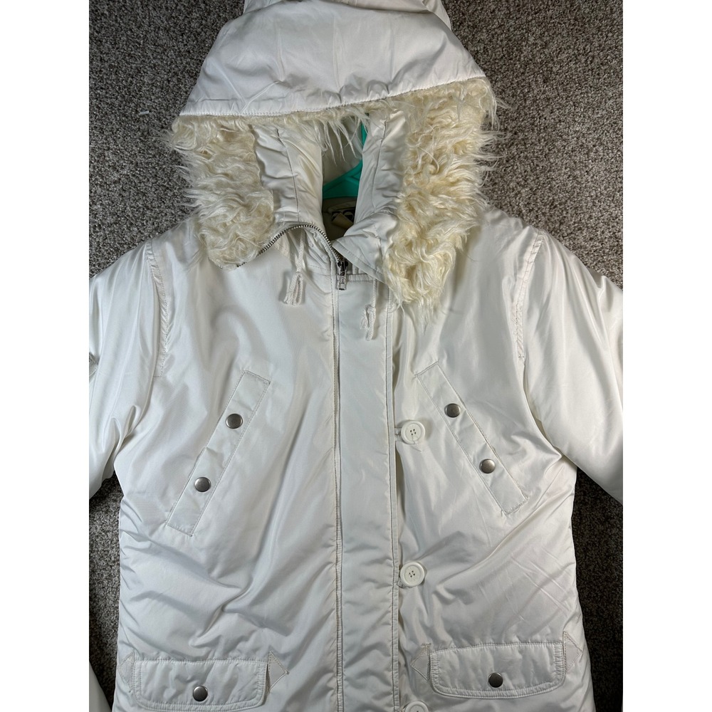 Roxy White Puffer Jacket Faux Fur Trim Hood Parka Coat P474325 Womens Medium